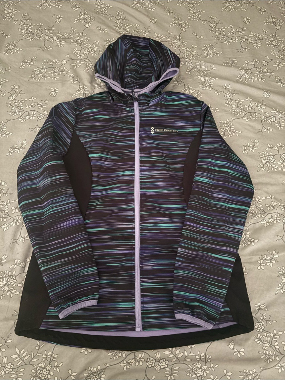 Free Country Black Striped Hooded Utility Jacket with Purple Trim